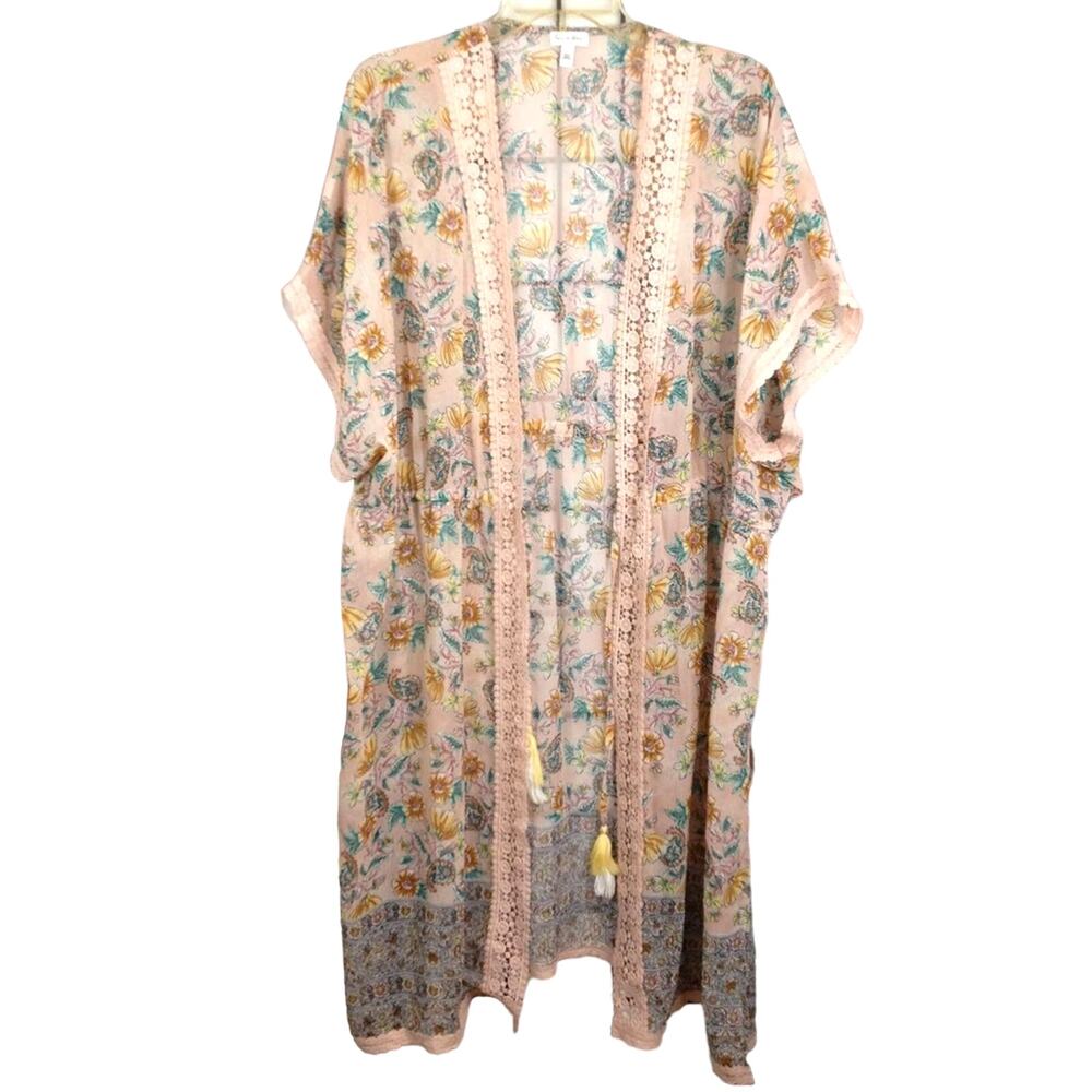 Love Fire Open Front Pink Duster Kimono Lace Tassel Boho Coverup